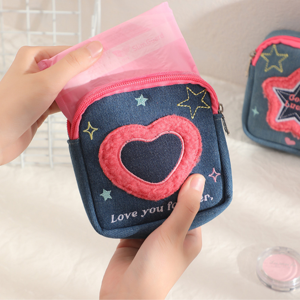 Denim Hisocute กระเป๋าเครื่องสำอางอเนกประสงค์แบบพกพา มี2ขนาด ผ้ายีนส์นิ่ม เก็บหูฟังใส่เหรียญ จัดระเบียบ สไตล์น่ารัก