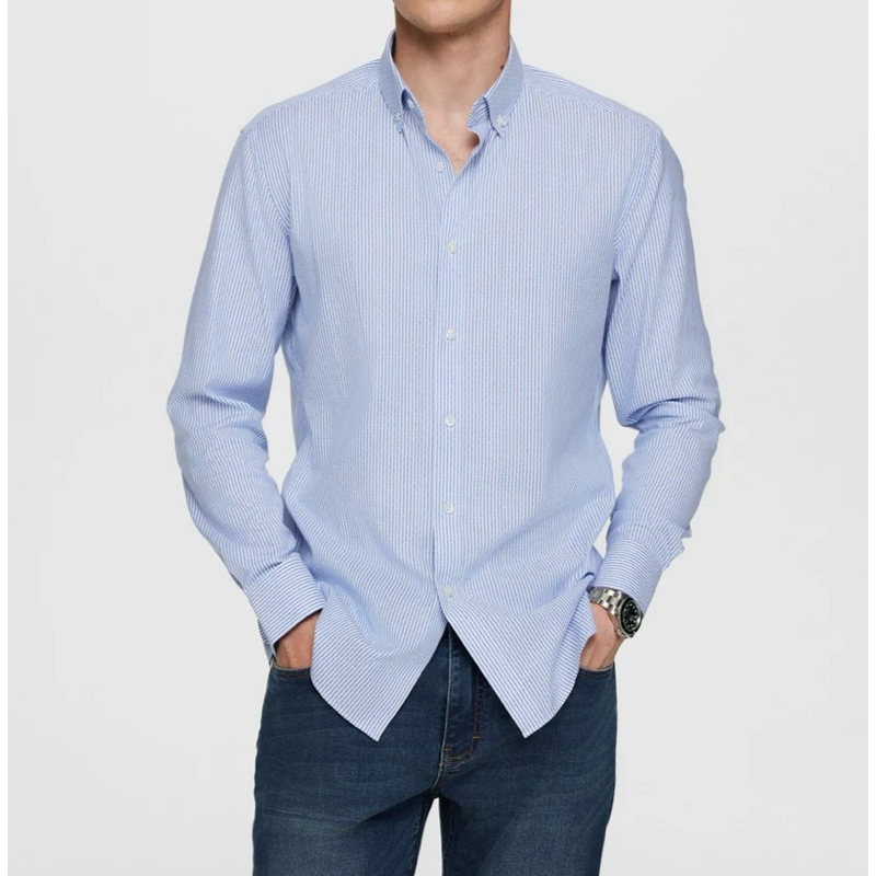 G2000 เสื้อเชิ้ตผู้ชายแขนยาวลายทางสีฟ้า ทรง SMART FIT