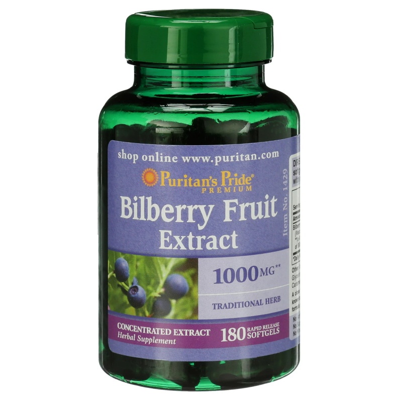 Puritans Pride ลูทีน Bilberry Fruit Extract 1000 mg 180 Softgels สารสกัดจากผลไม้บิลเบอร์รี่