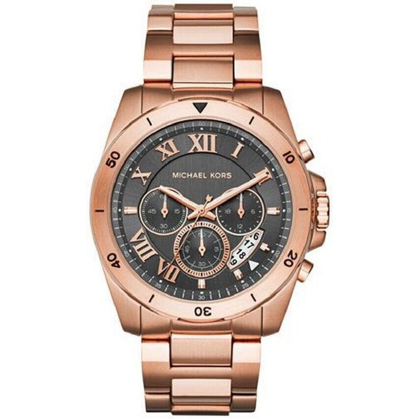 MICHAEL KORS MK8563 44 มม. Brecken Grey Dial นาฬิกาโรสโกลด์โครโนกราฟสำหรับผู้ชาย