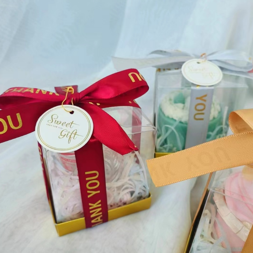 BH กล่องของชำร่วย แบบพลาสติกใส ใส่แก้ว ใสเทียนหอม และของขวัญต่างๆ ผูกริบบิ้นโบว์ + ป้ายห้อย สุดหรู พร้อมส่ง