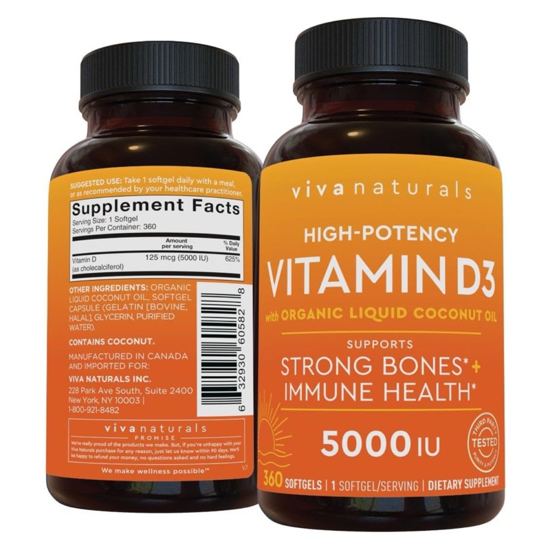 🇺🇸พร้อมส่ง🇺🇸วิตามินดีเกรดพรีเมี่ยม⭐️Viva Naturals D3 Vitamin 5000 IU 360 Softgels