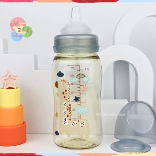 Babi care ขวดนมสีชาคอกว้าง ไม่ดูดไม่ไหล ลายการ์ตูน เบบี้แคร์ 4ออนซ์,8ออนซ์ แพ็คคู่ [เลือกสีได้]