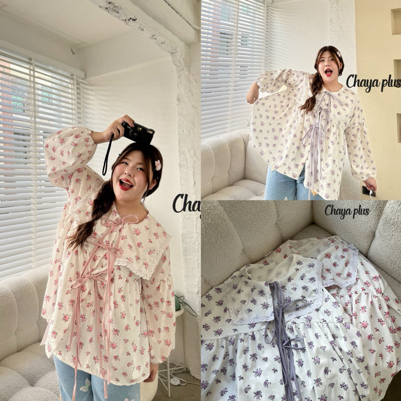 (LD) เสื้อเชิ้ตแขนยาว คอปกแต่งลูกไม้ ลายดอกกุหลาบ แต่งเชือกผูกอก เสื้อผ้าสาวอวบอ้วน พลัสไซส์ ไซส์ใหญ่