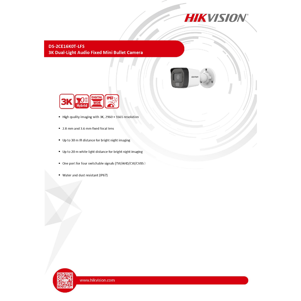HIKVISION กล้องวงจรปิดระบบ HD 5MP มีไมค์ในตัว รุ่น DS-2CE16K0T-LFS เลนส์ 2.8mm