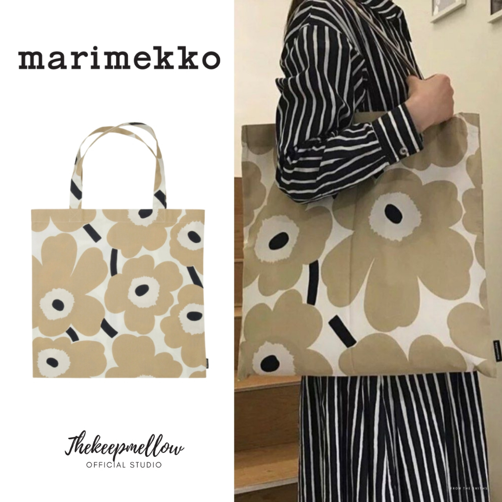 ✨พร้อมส่ง+แถมถุงเท้าฟรี✨Marimekko Cream ของแท้ 100%  ราคาถูกที่สุด ถุงผ้าMarimekko Tote Bag กระเป๋าผ้า ขนาด 44x43cm