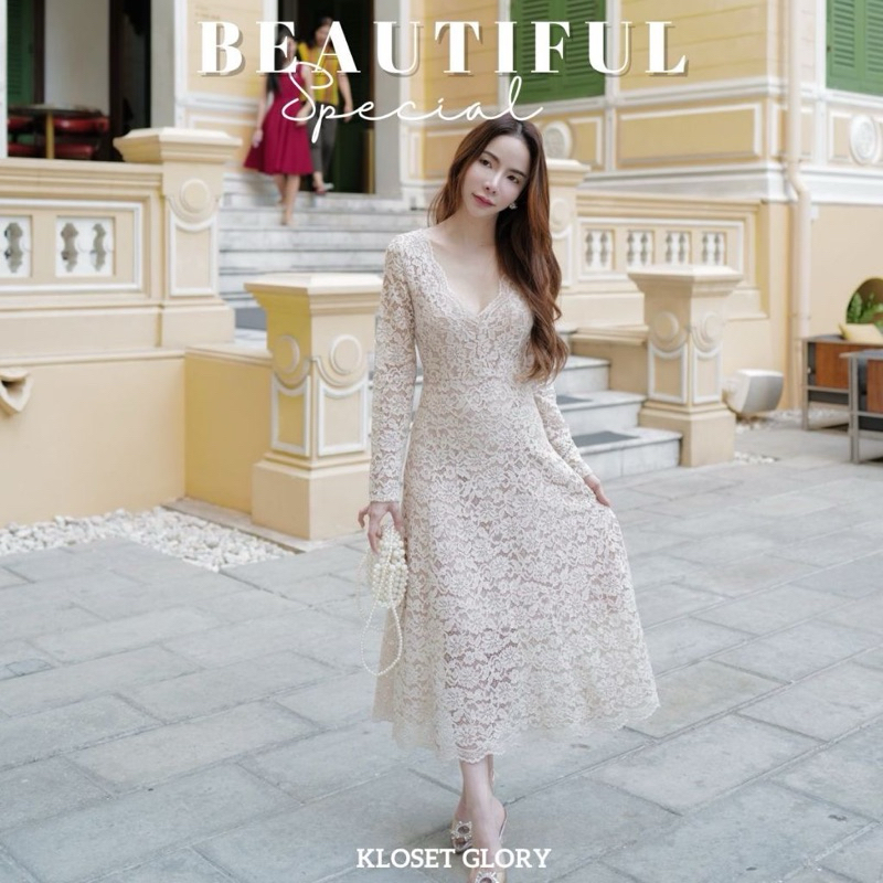 งานร้าน Kloset glory : K006 : เดรสยาวลูกไม้ทั้งตัวสีเนื้อ (งานมือ 2 size XL)