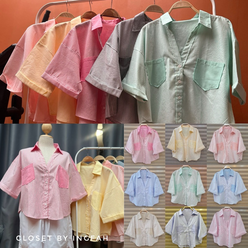 crop shirt เสื้อเชิ้ต กึ่งครอป ลายริ้ว ทรงน่ารักมาก