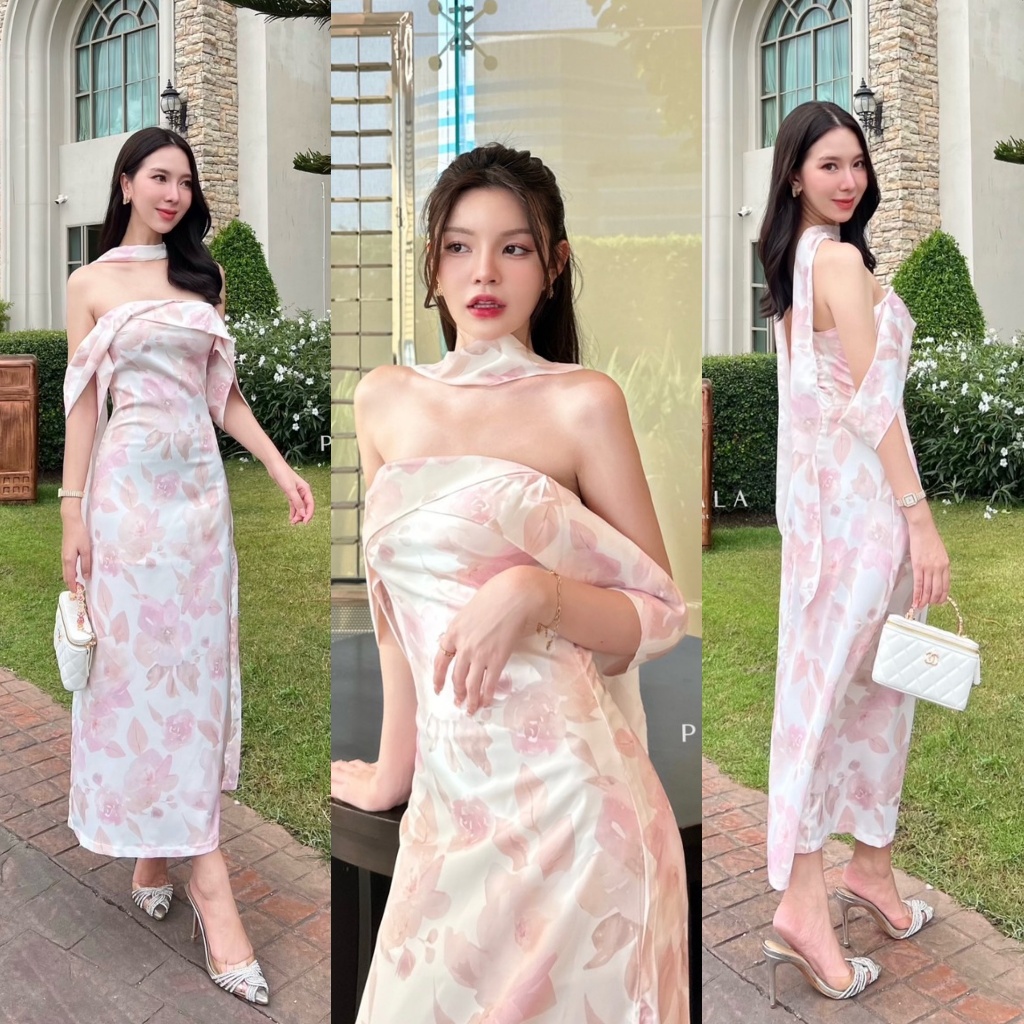 พร้อมส่ง Pimala112 เดรสยาวสีชมพู สีม่วง แต่งสายสวยหรู ใส่ออกงาน ดินเนอร์ เพื่อนเจ้าสาว