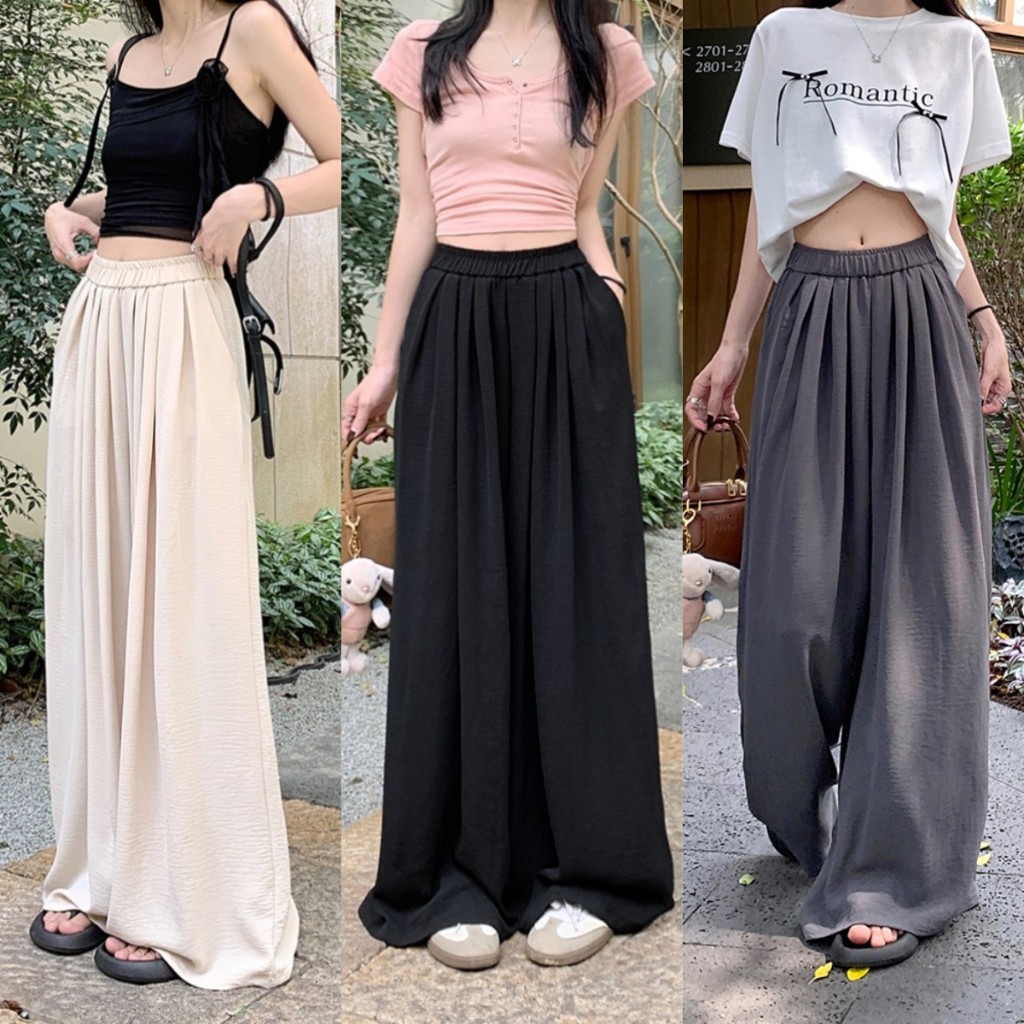 Beryl Shop ผู้หญิงฤดูร้อนสบายๆหลวมกางเกงขากว้างสีดำบางดูดี