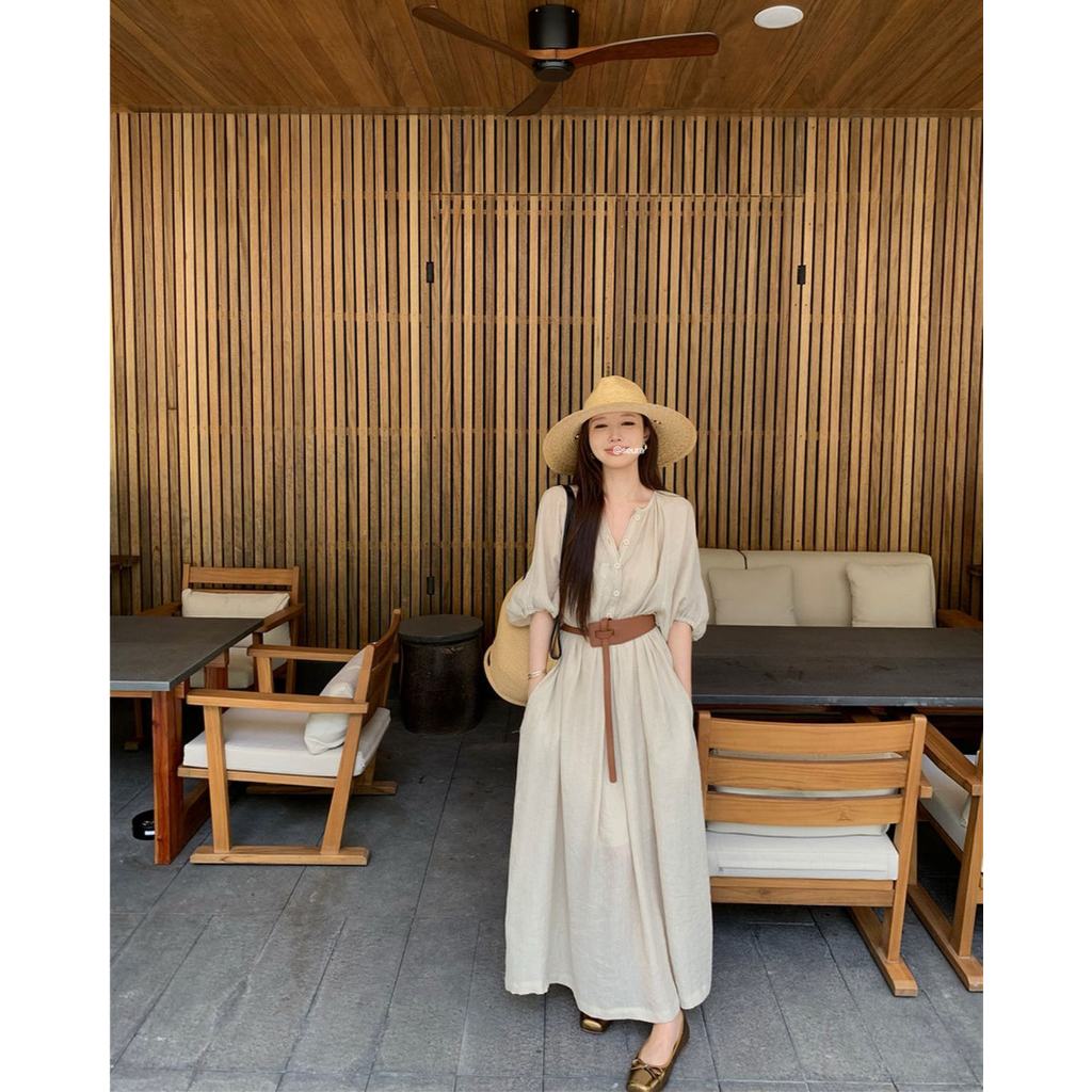 Mogwany พรี Ezra Dress With Belt 2 สี ฟ้า, ครีม สวยมาก มาพร้อมเข็มขัด มีซับใน ผ้านิ่มใส่สบาย