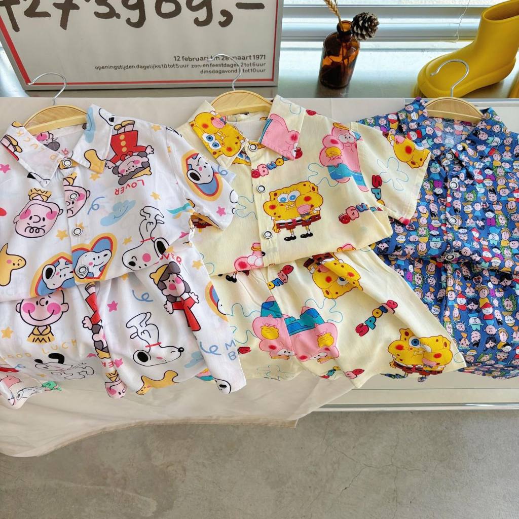 พร้อมส่ง ด41-ด46 ชุดเชิ้ตขาสั้น ลายน้อนการ์ตูน