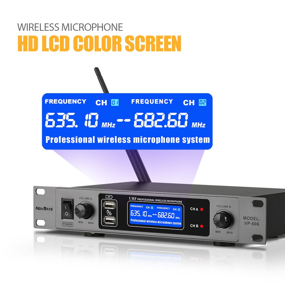 NEW BAXS VP-606 ไมโครโฟนไร้สายระดับมืออาชีพ 2 ตัวพร้อมฟังก์ชั่นตรวจจับ USB ความถี่ที่ปรับได้ ระยะรับ UHF 80