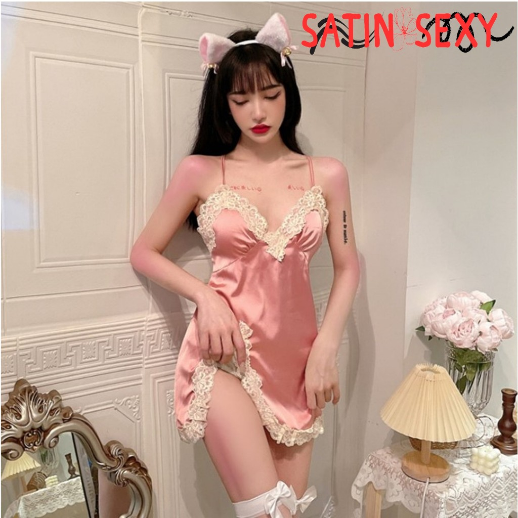 SATIN SEXY ชุดนอนซาติน ชุดนอนเดรส ชุดนอนสายเดี่ยว มีไซต์ใหญ่ S-XL ได้ถึง 40-80kg แต่งระบายแหวกลูกไม้ S-031