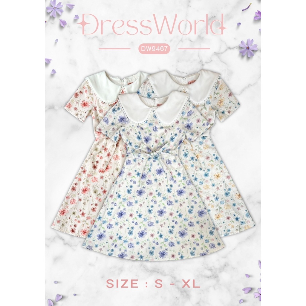 {S-XL} 9467 งานป้าย Dress World เดรสสั้นทรงบาน ลายดอก คอบัวแต่งลูกไม้ มีเชือกผูกเอว เข้ารูป น่ารัก ใส่ได้ทุกงานน๊าา