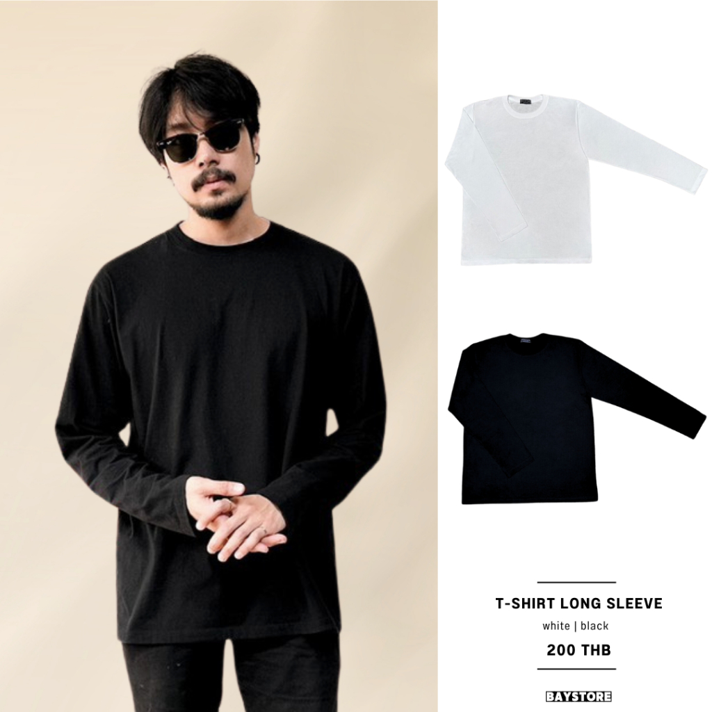 Baystore - เสื้อคอกลมแขนยาวสีขาว, ดำ