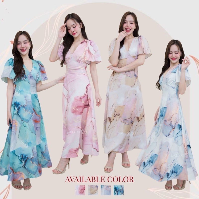 ชุดเดรส ชุดออกงาน ชุดราตรี F276 คอวี กระโปรงบาน ผ้าพิมพ์ลาย