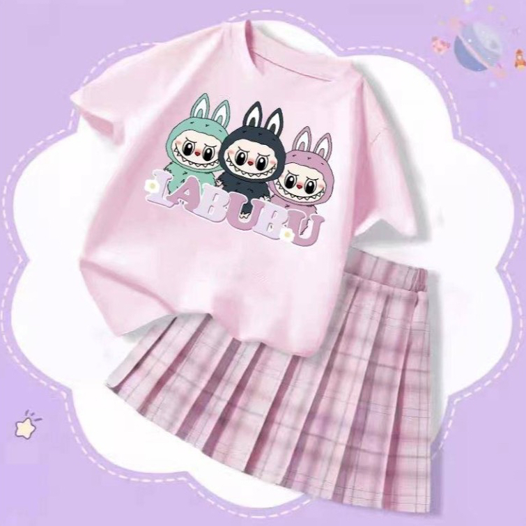 ชุดเซ็ทเด็ก 2ชิ้น เสื้อแขนสั้นลายการ์ตูนสุดฮิต+กระโปรงพลีทลายสก๊อต
