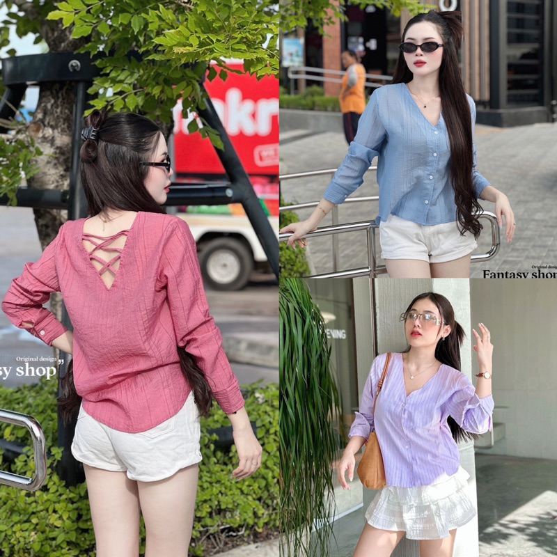 Sunny เสื้อคอวีไขว้กากบาทหลัง ทรงหน้าสั้นหลังยาว มีสีพื้น กับ ลายริ้ว