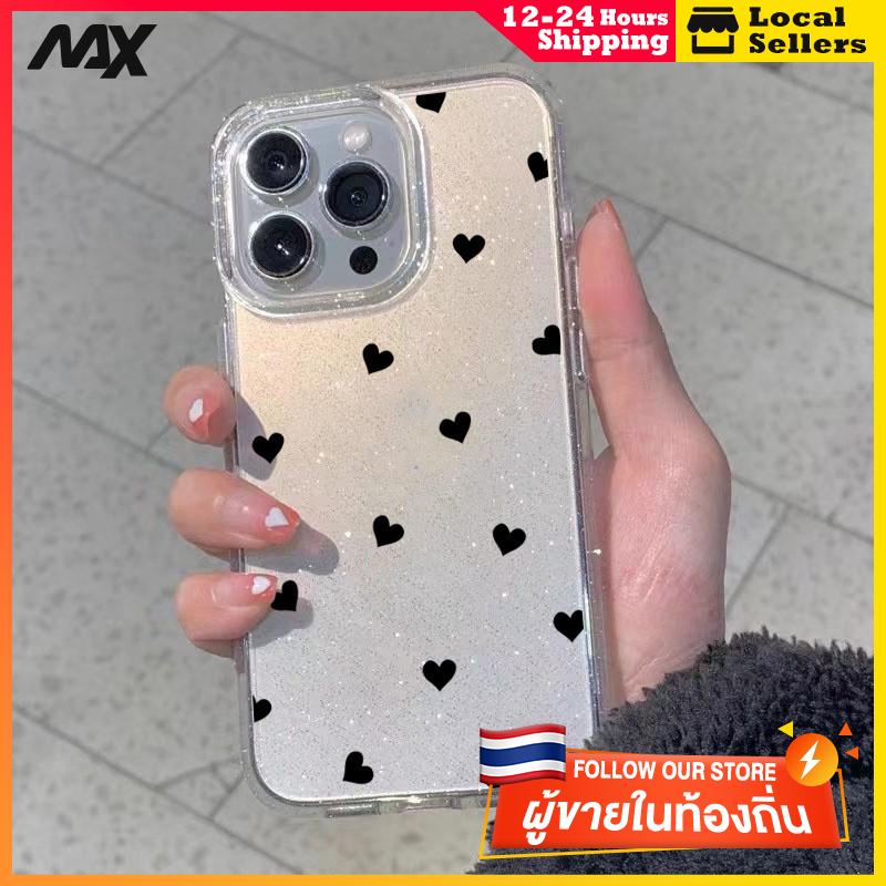 ผงเพชรแผ่นโปร่งใส เทรนด์แฟชั่น รักสีดำเล็กๆน้อยๆ for 11 12 13 15 14plus 15 pro max XR 12 13pro 14 7P 8P XS 14Pro 11pro