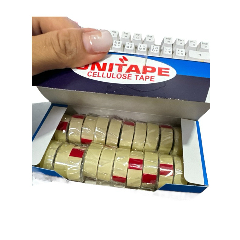 Cellulose Tape UNITAPE เทปใส ยูนิเทป หน้ากว้าง 0.5 นิ้ว 3 หลา แกนเล็ก กล่องละ 24 ม้วน ชั้นเทป05