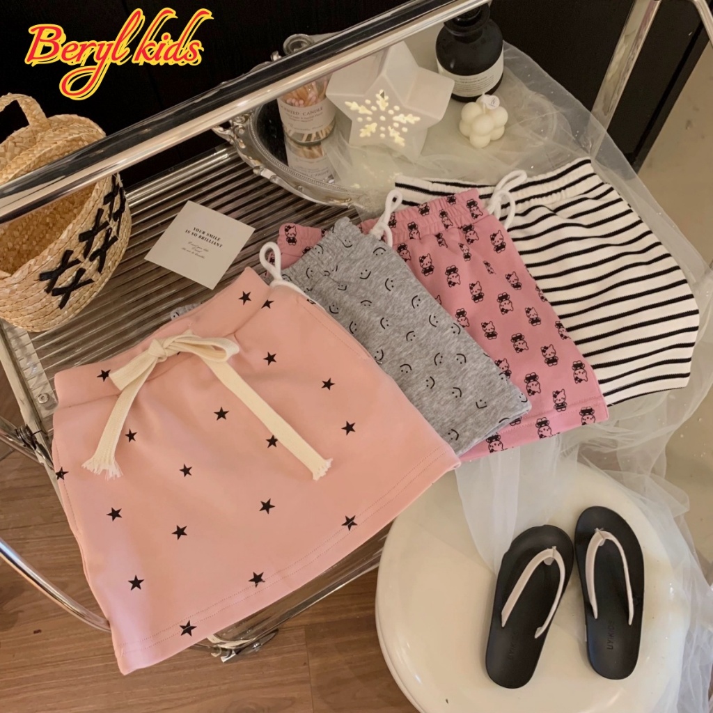 Beryl kids🌸กระโปรงสั้นเด็ก แฟชั่น🎀ลำลอง สไตล์เกาหลี เอวยางยืดมีเชือก พิมพ์ลายน่ารัก แฟชั่นฤดูร้อน สําหรับเด็กผู้หญิง