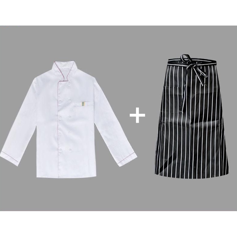 ชุดเชฟ3ชิ้น เสื้อ+ผ้ากันเปื้อน+หมวก UNISEX Chef overalls LONG ชุดเชฟทำอาหาร เสื้อแขนยาว - รูปที่ 6