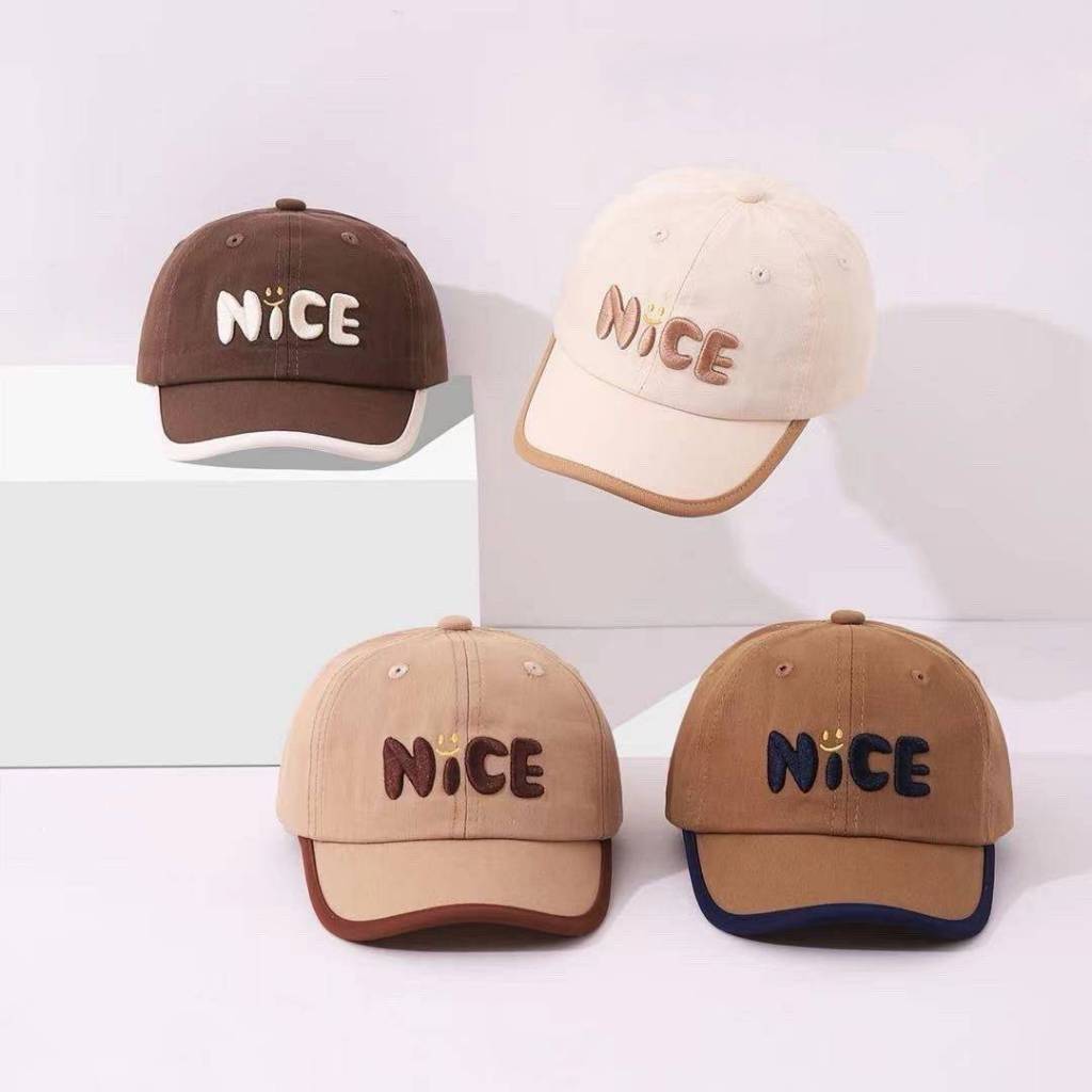 [พร้อมส่ง] หมวกเด็ก 10เดือน - 3ปี รอบหัว:48-50 cm. หมวกแก๊ป (Cap) สีทูโทน ปักอักษร NICE หมวกแฟชั่นเด็ก ปรับขนาดได้