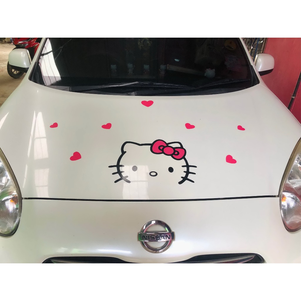 สติกเกอร์ ตัด ไดคัท ลายเส้น หน้า แมว คิตตี้ Kitty พร้อมหัวใจ สีชมพู7ดวง วัสดุเป็น PVC กันน้ำ ทนแดด ติด แต่ง รถ