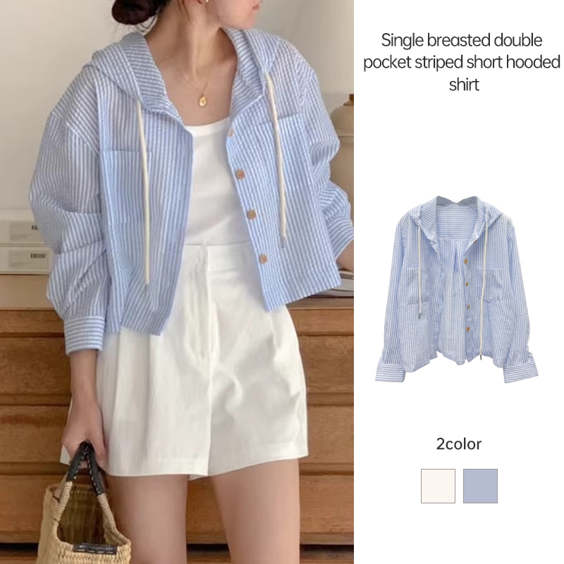 เสื้อเชิ้ตลายทางอเนกประสงค์สำหรับฤดูร้อนเสื้อเชิ้ตแขนสั้นหลวมแขนยาวมีฮู้ด BB