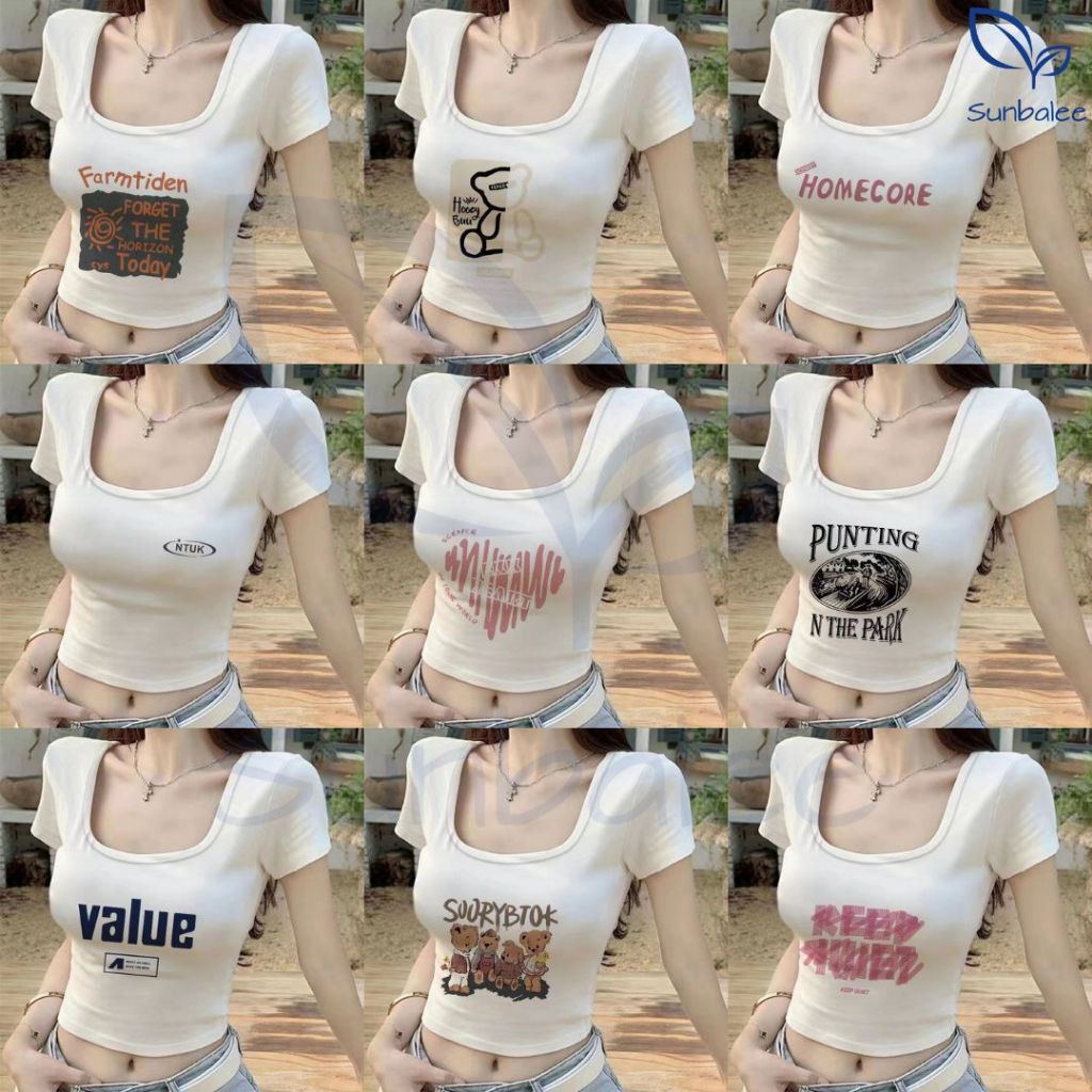 SUNBALEE CF เสื้อครอป เสื้อเอวลอย คอกลม แขนสั้น ผ้านิ้มยืดหยุ่น คอตตอนผสม ลายน่ารักมินิมอล ครอปสายฝอ พร้อมส่ง