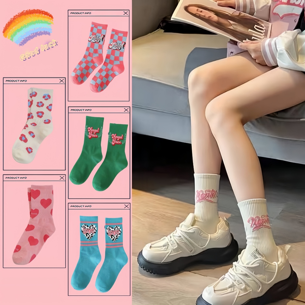 ถุงเท้าน่ารัก สีสันสดใส รูปแบบลวดลายคิ้วๆ สไตล์เกาหลี Candy-colored cotton midtube girls socks Instagram recommended