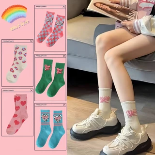 ถุงเท้าน่ารัก สีสันสดใส รูปแบบลวดลายคิ้วๆ สไตล์เกาหลี Candy-colored cotton midtube girls socks Instagram recommended