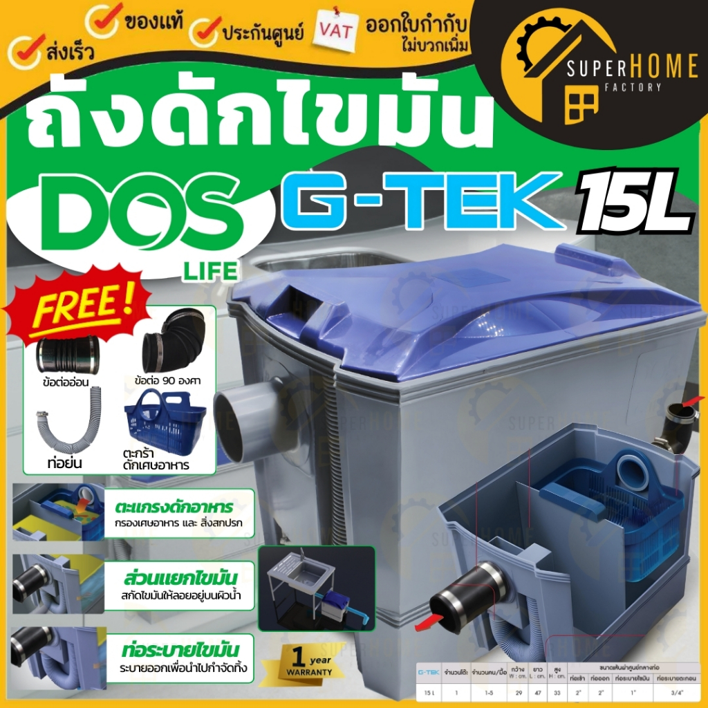 DOS ถังดักไขมันบนดิน รุ่น G-TEK 15 ลิตร GT-05/GY-15L ดอส ถังดักไขมันใต้ซิ้งค์ บนดิน g tek  Dos-Dsure