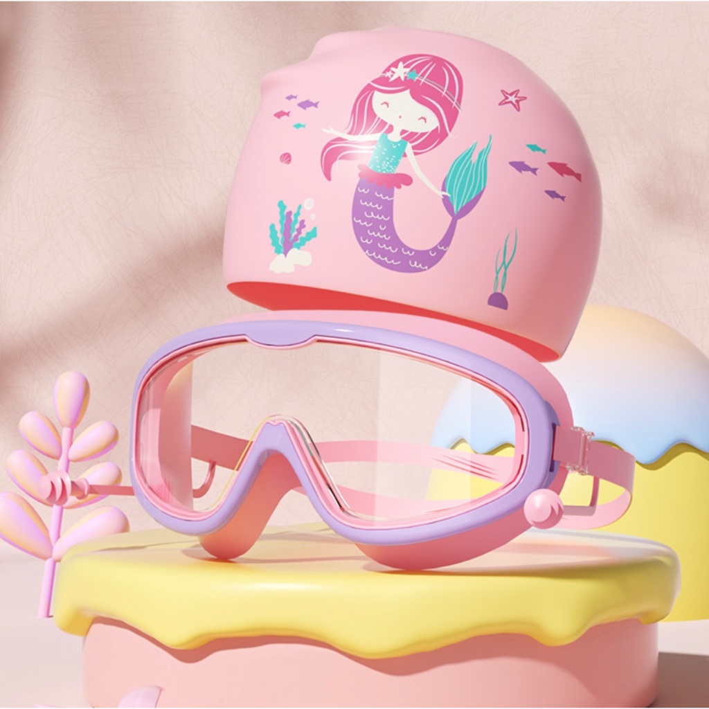 [พร้อมส่ง] แว่นตาว่ายน้ำเด็ก+หมวกว่ายน้ำเด็ก ป้องกันแสงแดด UV ไม่เป็นฝ้า [อายุ 2-16 ปี]
