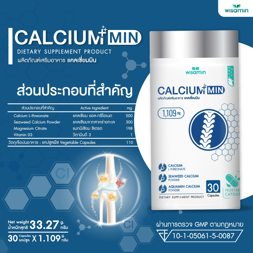 (ซื้อ 1 แถม 1) CALCIUM-MIN แคลเซียม 1,109 mg / แคปซูล (ตราวิษามิน) แคลเซียม แอลทรีโอเนต (แพคคู่ 2 กระปุก รวม 60 แคปซูล) - รูปที่ 2