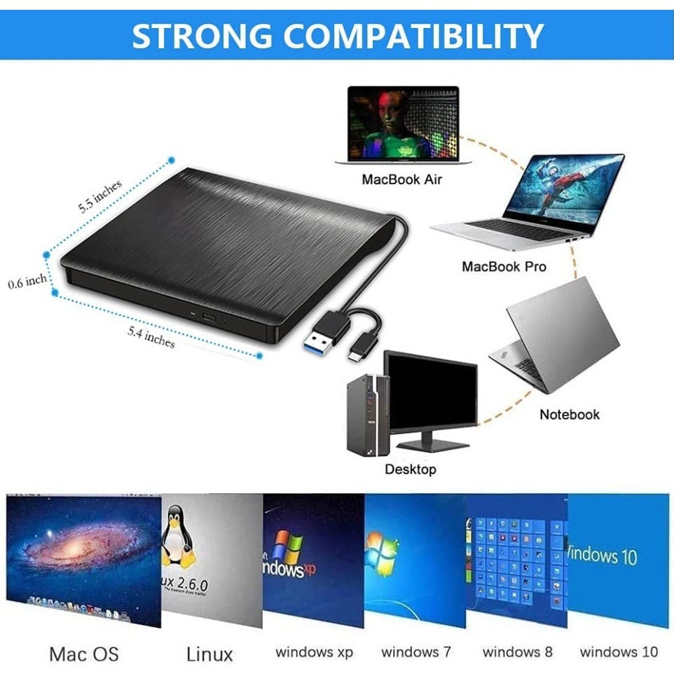 USB 3.0/TYPE-C อินเทอร์เฟซแบบคู่ Ultra Slim External DVD-RW Burner/CD/Rewrite/ ออปติคัลไดรฟ์แบบพกพา