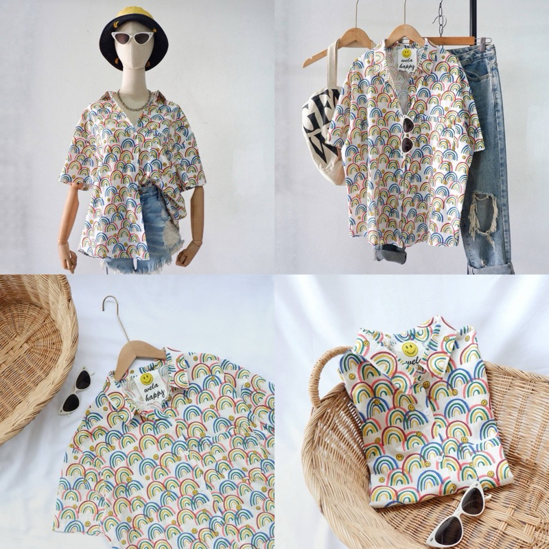 เสื้อเชิ๊ตแขนสั้น กระเป๋าหน้า พิมพ์ลายน่ารักๆ