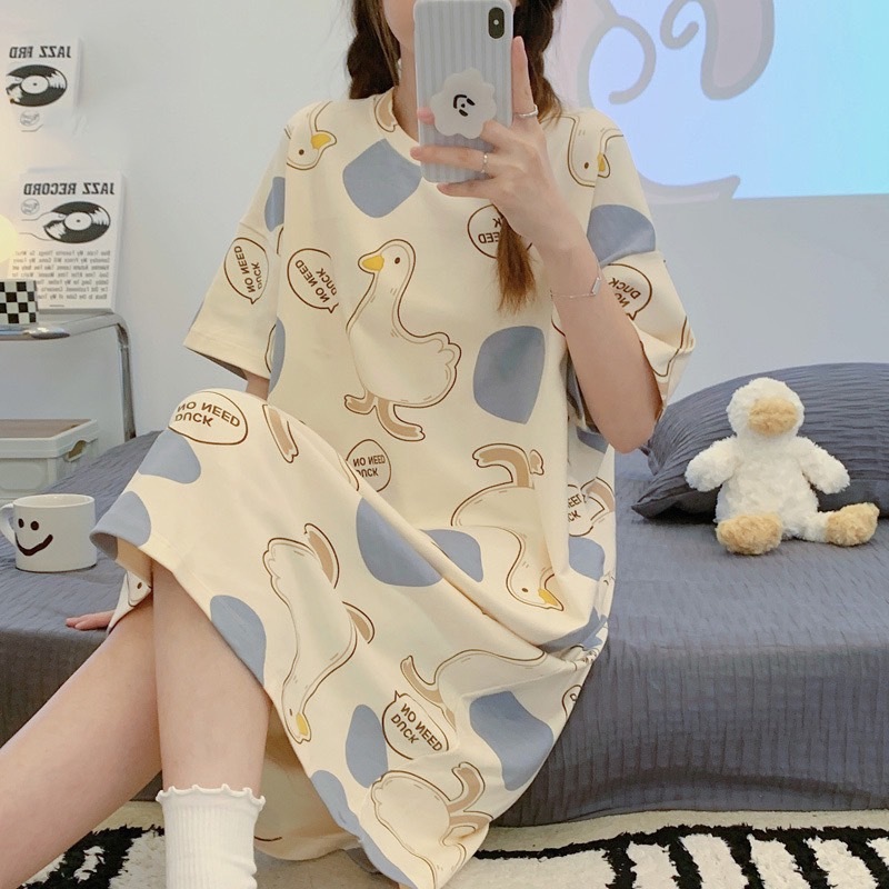 พร้อมส่ง ชุดนอนกระโปรง เนื้อนุ่ม คุณภาพสูง ลายการ์ตูน ผ้าคอตตอน กระโปรงแขนสั้น