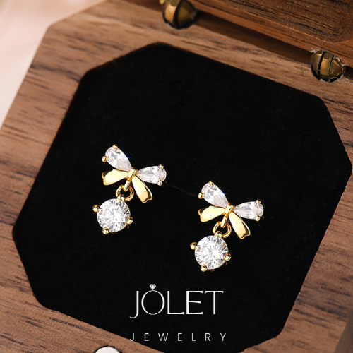 jolet ต่างหูรูปโบว์ ต่างหูเงินแท้92.5% s925 ไม่ลอกมีสีทองสีเงิน - รูปที่ 2