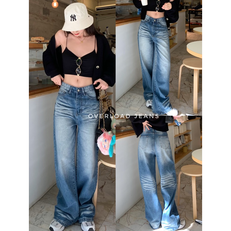 Overload Jeans 1090.- กางเกงยีนส์เอวสูง ทรงBaggy หลวมๆเท่ๆฟอกเฟดสีเข้ม แต่งลายชัด เนื้อผ้ายีนส์แท้หนานุ่ม