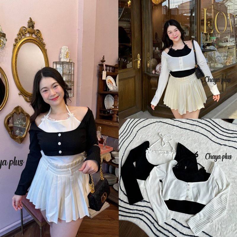 (LD) เสื้อครอปแขนยาว ผูกคอแต่งลูกไม้ช่วงอก ดีเทล2ชั้น สลับสี กระดุมดอกไม้ น่ารักมาก เสื้อผ้าสาวอวบอ้วน พลัสไซส์ ไซส์ใหญ่