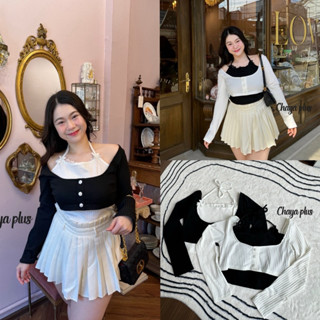 (LD) เสื้อครอปแขนยาว ผูกคอแต่งลูกไม้ช่วงอก ดีเทล2ชั้น สลับสี…