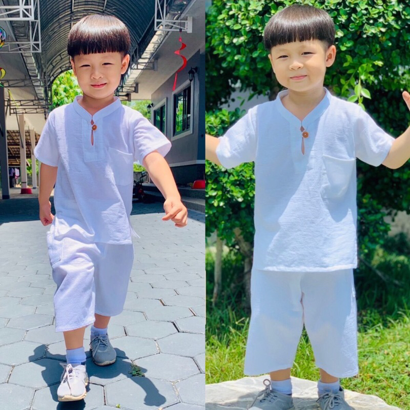ชุดผ้าฝ้ายเด็กสีขาว คอจีน
