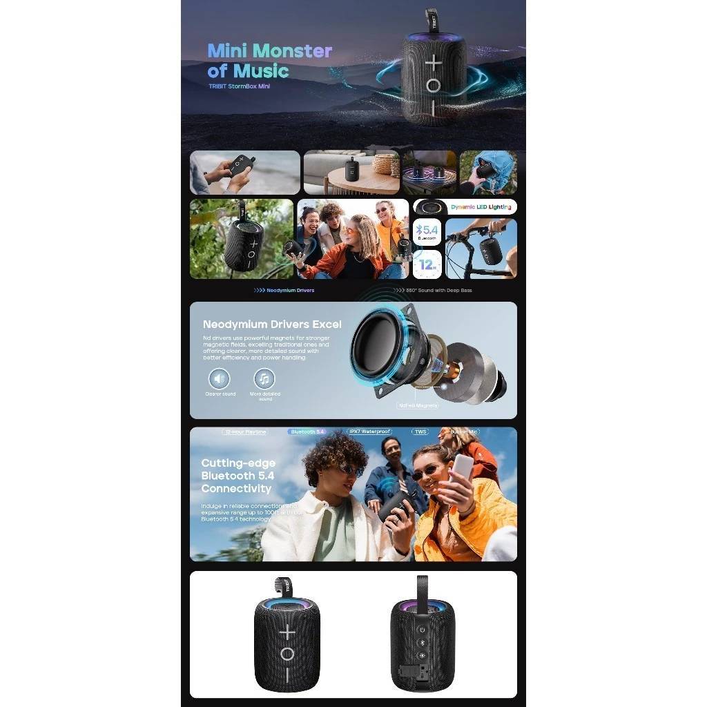 🇹🇭ประกันศูนย์ไทย 1 ปี Tribit StormBox Mini ลำโพงบลูทูธ พกพา Bluetooth 5.4 กันน้ำ IPX7 12 วัตต์ เสียงรอบทิศทาง 360 องศา