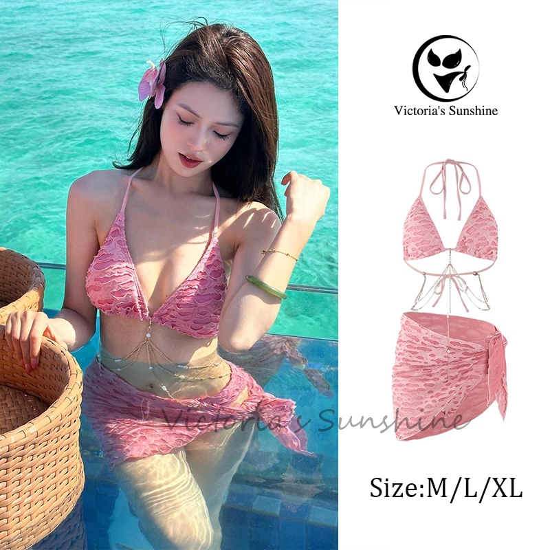ไลฟ์สดลด50% ชุดว่ายน้ำ3ชิ้น บิกินี่ สีชมพู กัน ชุดว่ายน้ําเซ็กซี่ ผูก โชว์หลัง ส่งไวจากไทย#0364