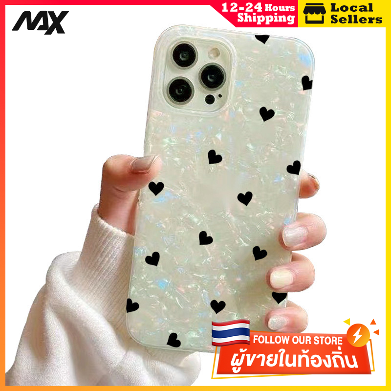 เคสไอโฟน13 กรณีเชลล์รูปแบบกระดาษแข็ง ความรักเล็กๆน้อยๆสีดำ for IPhone 13 15 7Plus 14 12 11 Pro MAX 8 6 7 6S Plus X XR XS