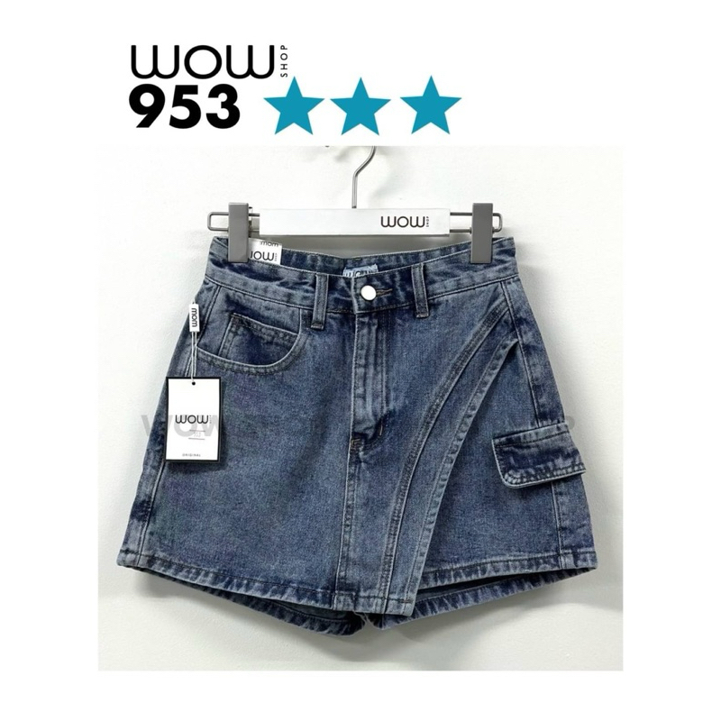 กางเกงกระโปรง ยีนส์ไม่ยืด ดีไซน์ป้ายหน้า แต่งกระเป๋าคาร์โก้ #WW953 - รูปที่ 5