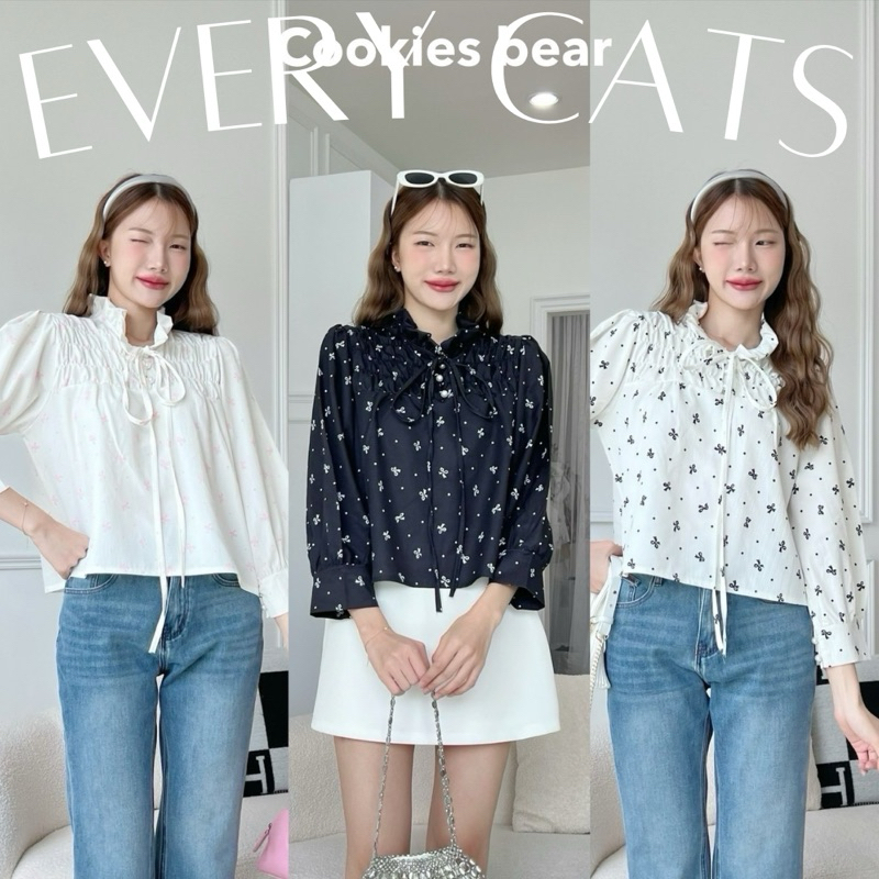 A12 - cookies bear เสื้อแขนยาวคอระบาย ผ้าพิมพ์ลายโบว์
