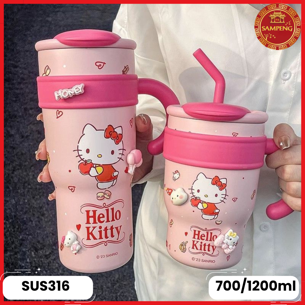 แก้วเก็บความเย็น ความร้อนลายการ์ตูนสุดน่ารักมีหลอดในตัวพร้อมหูจับสีสันสวยพกพาสะดวกสแตนเลสSUS 316 ขนาด 700 Ml./1200ml